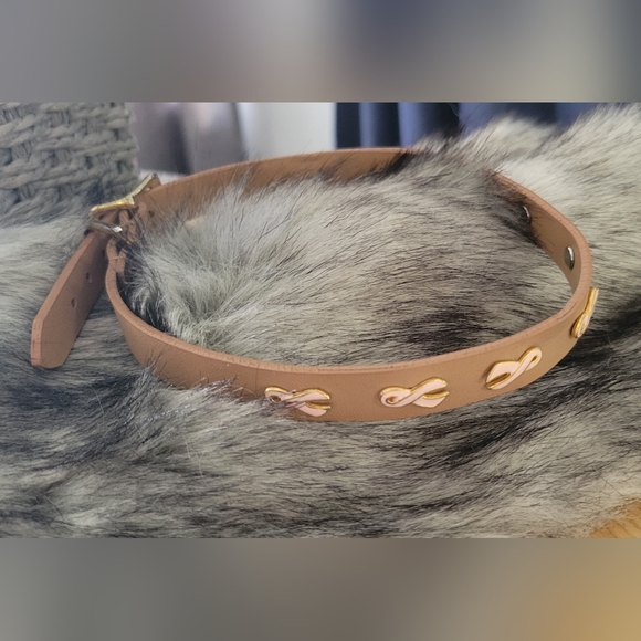 Dog collar, brown leather, breast cancer logo, 18" total length - Picture 4 of 10